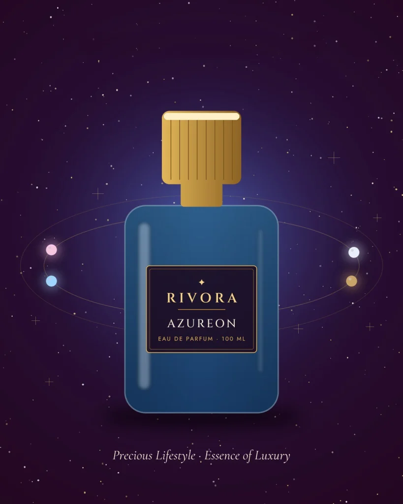Azureon eau de parfum on dark stone in a deep ocean-blue light, small planets glowing around it