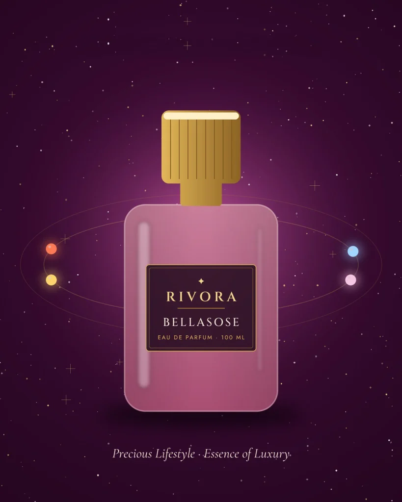 Bellasose eau de parfum on rose silk in soft pink light, small planets glowing around it