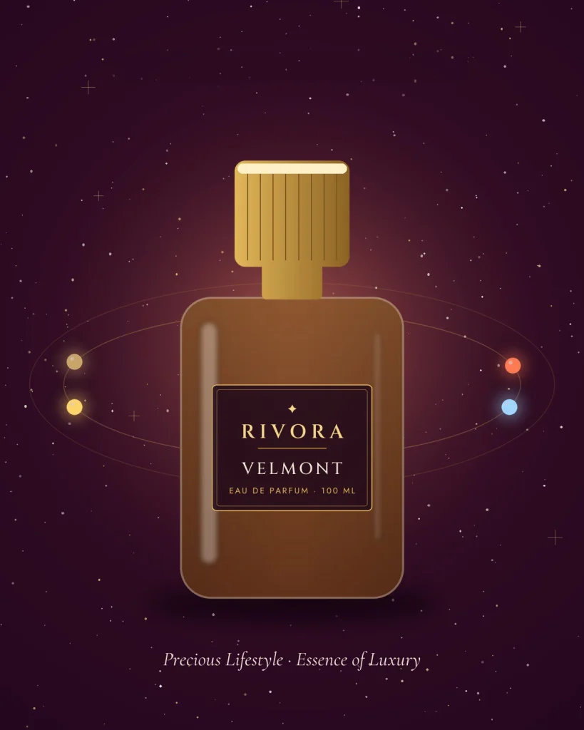 Velmont eau de parfum on amber silk in warm leather-brown light, small planets glowing around it